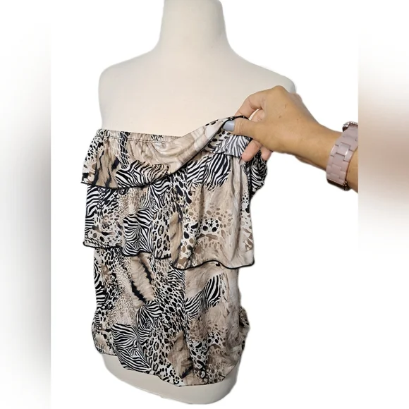 Dots Women Strapless Halter Leopard Zebra Animal Ruffle Black Tan Blouse Tops - Picture 6 of 14